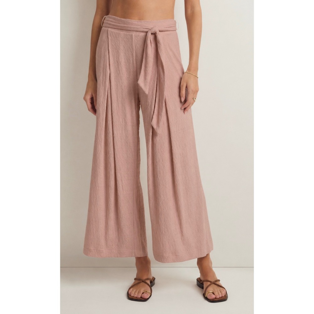Z SUPPLY Isla Pucker Knit Pants‎ Iced Coffee Tan Flowy Wide Leg Tie Waist NWT